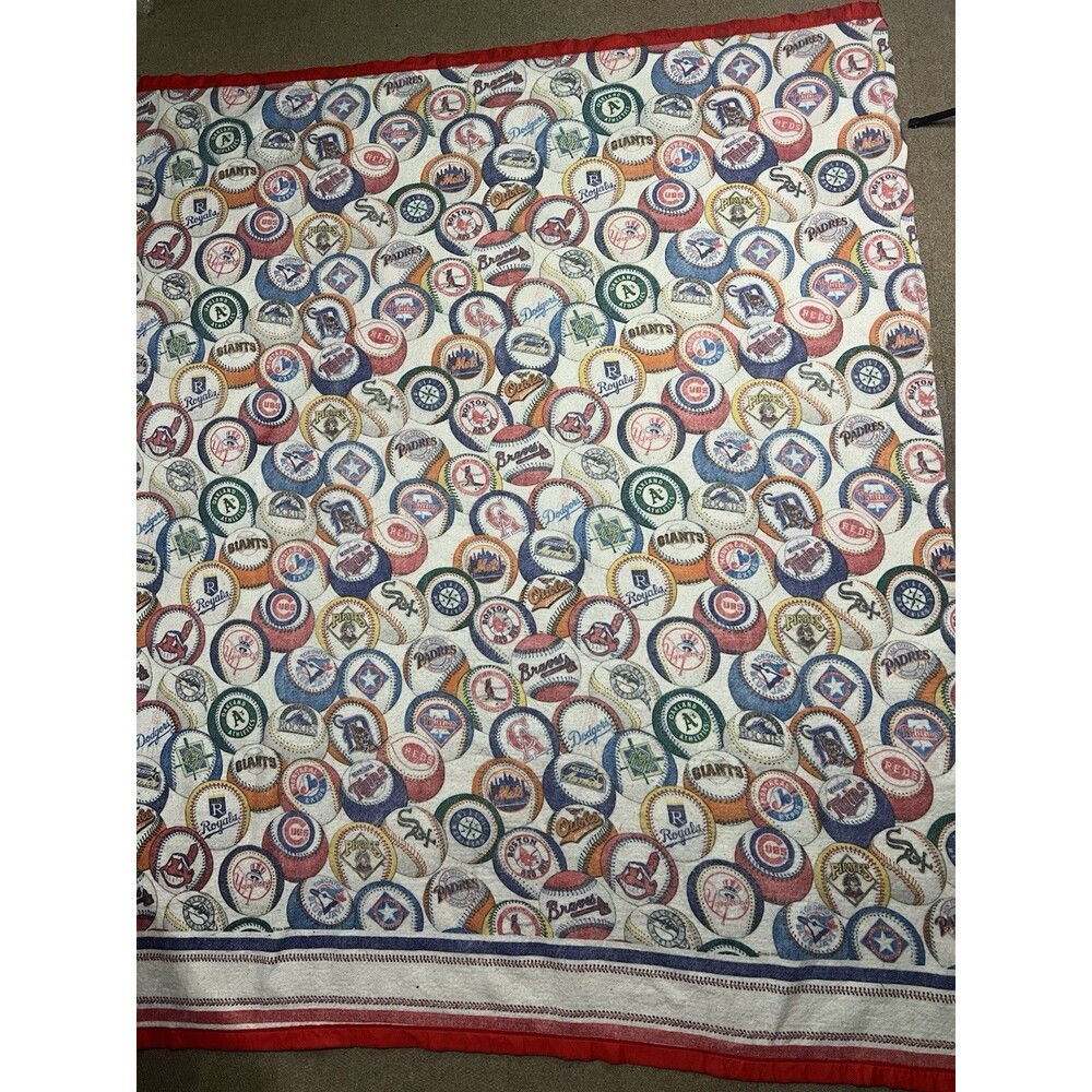 Vintage MLB Baseball Logos Team Large Blanket Throw 90s Made In USA 72x88"